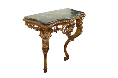 Lot 150 - A 19TH CENTURY BAROQUE STYLE CARVED GILTWOOD SERPENTINE CONSOLE TABLE