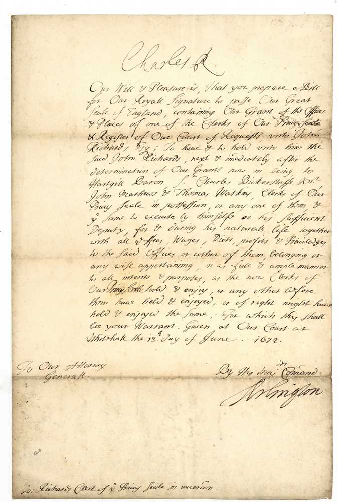 Lot 2 - DOCUMENT SIGNED BY CHARLES II, KING OF ENGLAND, SCOTLAND (1649-1651) AND IRELAND (1660-1685)