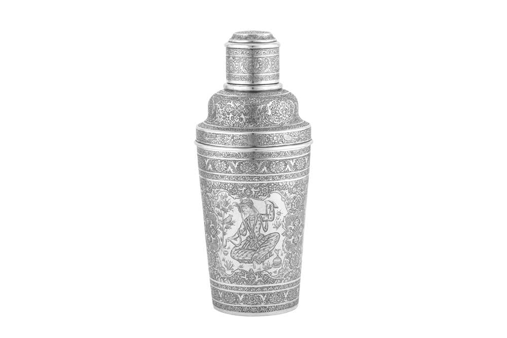 Lot 283 - A fine mid-20th century Persian (Iranian) silver cocktail shaker, Isfahan circa 1940 retailed by Martins of Tehran, the engraving attributed to Daeizadeh