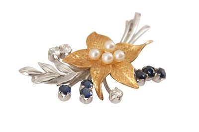 Lot 91 - A pearl, sapphire and diamond brooch