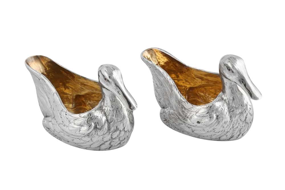 Lot 68 - A pair of Victorian novelty sterling silver ‘quack’ sauceboats, London 1866/69 by Messrs Barnard