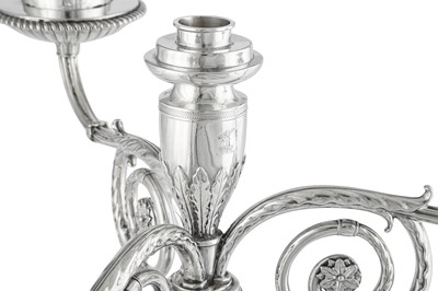 Lot 630 - A fine pair of George III sterling silver four-light candelabra, London 1800 by Robert Sharp
