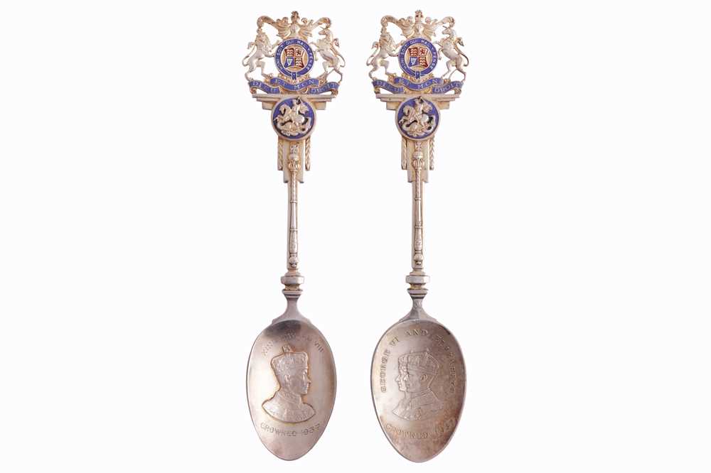 Lot 43 - AN EDWARD VIII AND GEORGE VI PAIR OF STERLING SILVER AND ENAMEL CORONATION SPOONS, BIRMINGHAM 1936 BY TURNER AND SIMPSON LTD