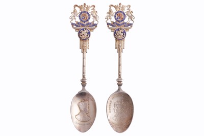 Lot 49 - AN EDWARD VIII AND GEORGE VI PAIR OF STERLING SILVER AND ENAMEL CORONATION SPOONS, BIRMINGHAM 1936 BY TURNER AND SIMPSON LTD