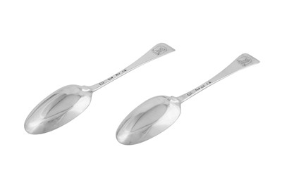 Lot 413 - A pair of George I sterling silver tablespoons, London 1725 by Phillip Roker II (reg. 17th Aug 1720)