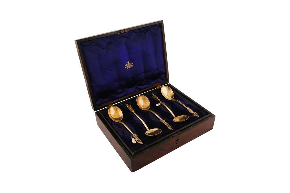 Lot 375 - A cased set of twelve late 19th century Dutch silver gilt “apostle” spoons, probably Groningen circa 1880