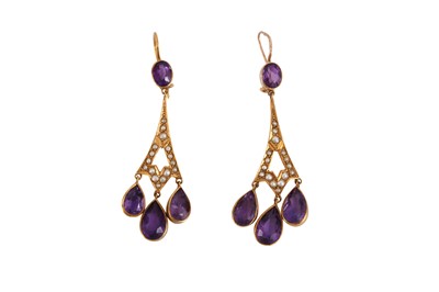 Lot 220 - A PAIR OF AMETHYST AND SEED PEARL EARRINGS
