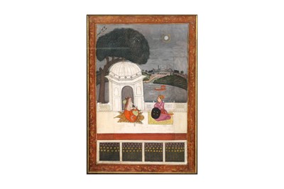 Lot 307 - AN INDIAN ALBUM PAGE: A MUGHAL PRINCE IN THE PRESENCE OF A SADHU AND A NASTA'LIQ PANEL