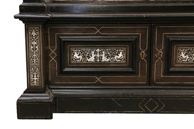 Lot 121 - A 19TH CENTURY ITALIAN EBONISED AND BONE INLAID BREAKFRONT DISPLAY CABINET