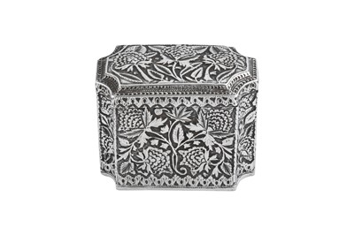 Lot 100 - An early 20th century Anglo – Indian unmarked silver tea caddy, Kashmir circa 1900