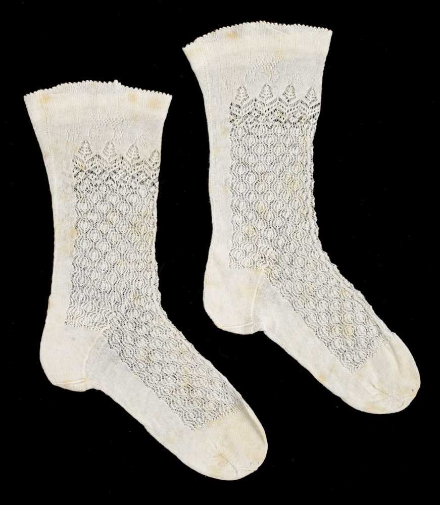 Lot 14 - ANTIQUE PAIR OF BABY SOCKS USED BY PRINCE LEOPOLD, DUKE OF ALBANY