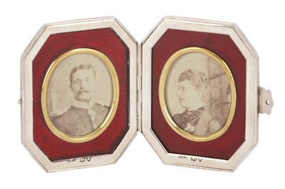 Lot 29 - SILVER GUILLOCHE ENAMEL DIPTYCH FRAME WITH PHOTOGRAPHS OF PRINCE HARRY OF BATTENBERG AND PRINCESS BEATRICE
