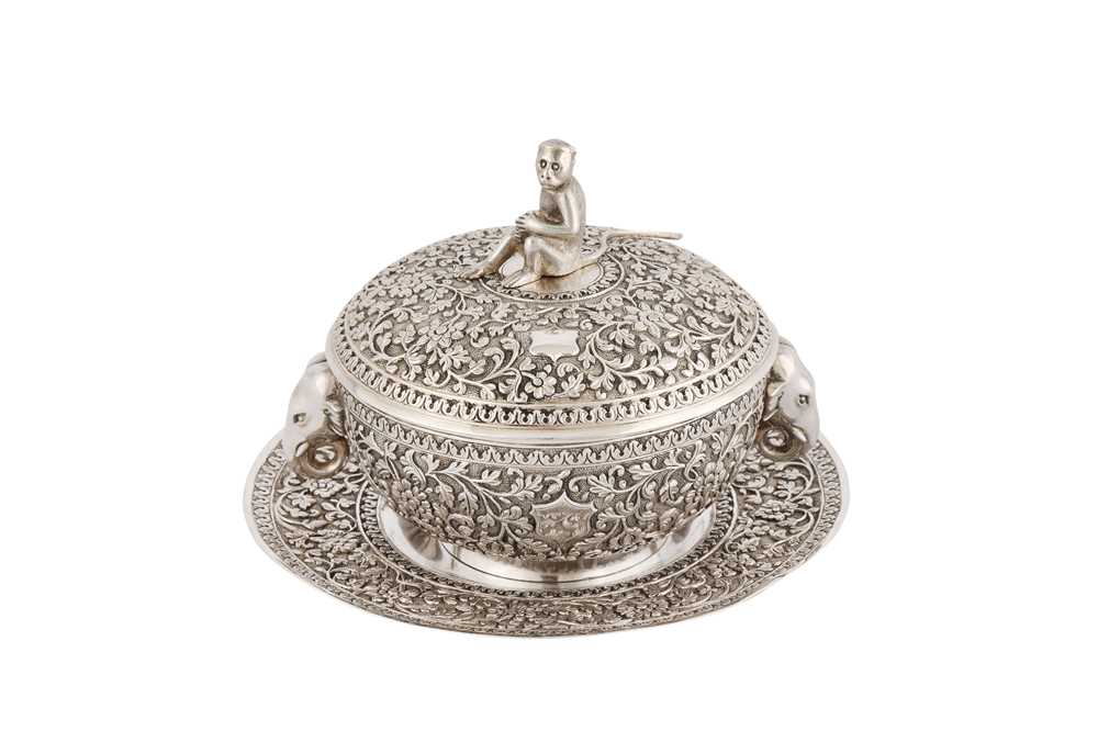Lot 140 - A fine late 19th century Anglo – Indian unmarked silver butter dish on stand, Cutch, Bhuj circa 1870 attributed to Oomersi Mawji (active 1860-90)