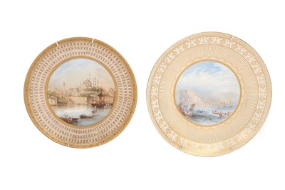 Lot 693 - TWO ENGLISH GILT PORCELAIN PLATES PAINTED WITH TURKISH LANDSCAPE SCENES