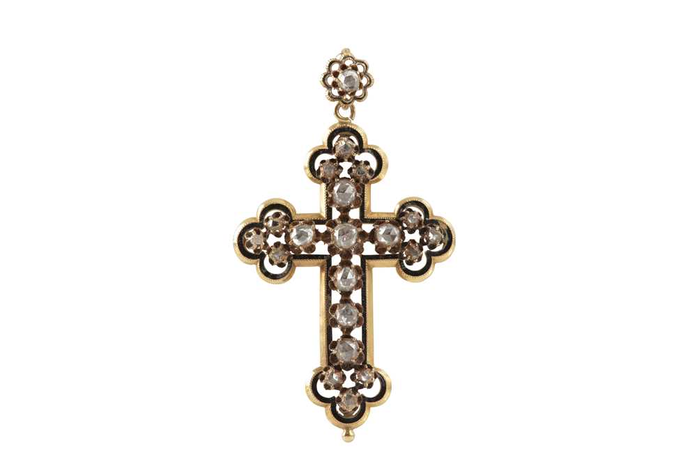 Lot 30 - A diamond and black enamel cross pendant