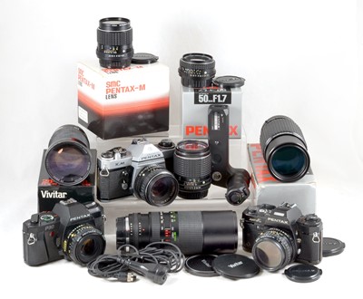 Lot 571 - Pentax PK Cameras & Lenses, inc 100mm f2.8.