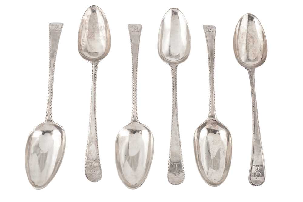 Lot 385 - A matched set of six George III sterling silver tablespoons, London 1773/74/75 by Hester Bateman