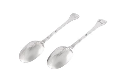 Lot 425 - A pair of James II sterling silver spoons London 1686 by Isaac Pinckney