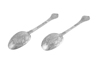 Lot 419 - A pair of James II sterling silver spoons London 1685 by Lawrence Coles