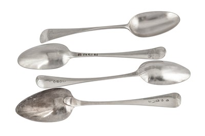 Lot 8 - A MIXED GROUP OF FOUR GEORGE III STERLING SILVER TABLESPOONS