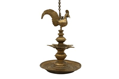 Lot 358 - A BRASS HANGING OIL LAMP WITH A ROOSTER FINIAL