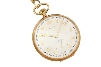 Lot 74 - AN OLMA OPEN FACE 14K YELLOW GOLD POCKET WATCH WITH A HARDSTONE SEAL FOB