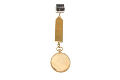 Lot 74 - AN OLMA OPEN FACE 14K YELLOW GOLD POCKET WATCH WITH A HARDSTONE SEAL FOB
