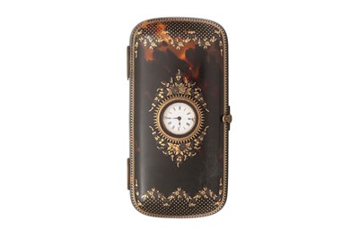 Lot 703 - λ A GOLD-INLAID (PIQUÉ) TORTOISESHELL CIGAR CASE WITH POCKET WATCH