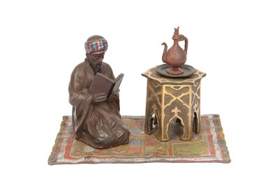 Lot 655 - A FRANZ BERGMAN COLD-PAINTED BRONZE INKWELL WITH A MUSLIM SCHOLAR READING