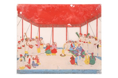 Lot 541 - A MICA PAINTING OF AN ENTERTAINMENT SCENE WITH MUSICIANS AND DANCERS