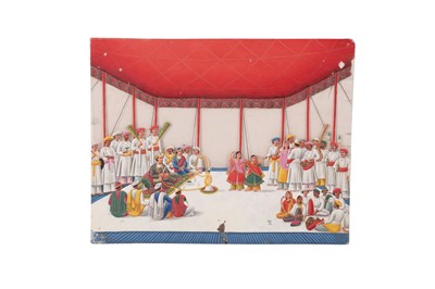 Lot 541 - A MICA PAINTING OF AN ENTERTAINMENT SCENE WITH MUSICIANS AND DANCERS