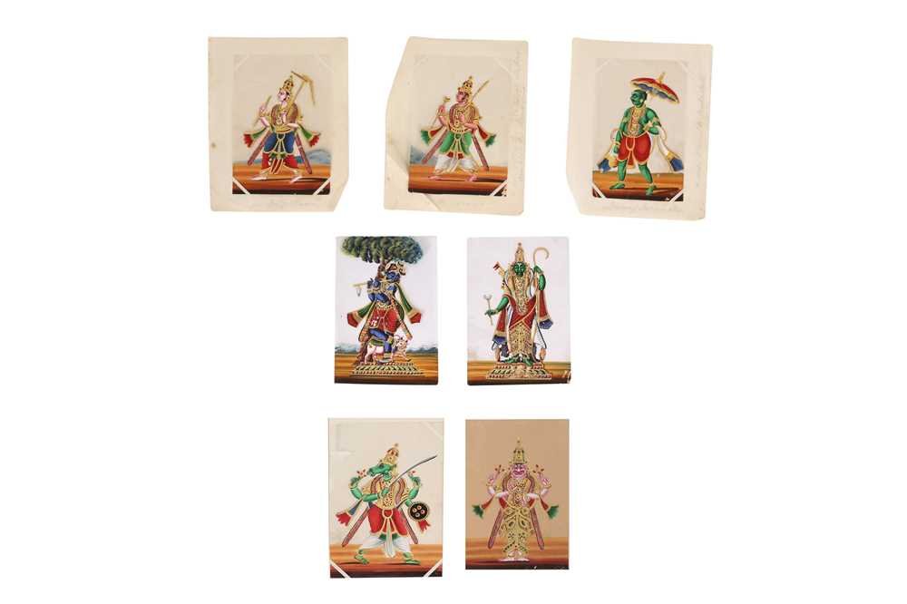 Lot 575 - SEVEN MICA PAINTINGS OF THE HINDU GOD VISHNU'S VARIOUS INCARNATIONS (AVATARS)