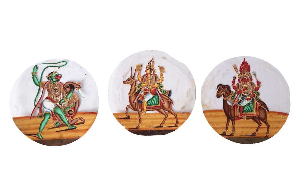 Lot 576 - THREE MICA ROUNDELS WITH TWO VEDIC GODS AND A HINDU GOD