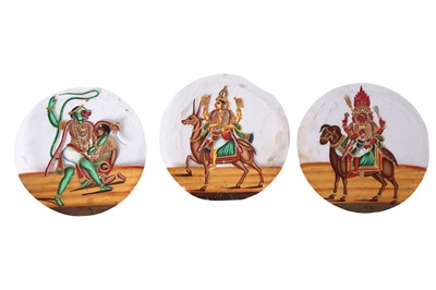 Lot 576 - THREE MICA ROUNDELS WITH TWO VEDIC GODS AND A HINDU GOD