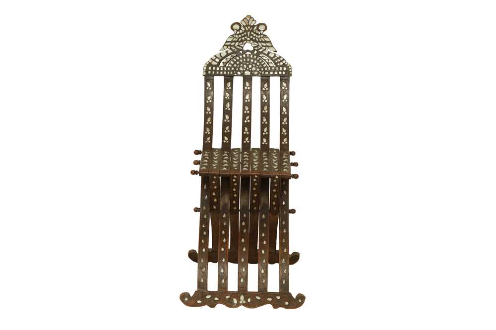 Lot 664 - λ A HARDWOOD METAL WIRE AND MOTHER-OF-PEARL-INLAID FOLDABLE CHAIR