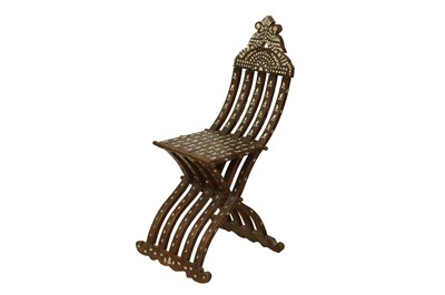 Lot 664 - λ A HARDWOOD METAL WIRE AND MOTHER-OF-PEARL-INLAID FOLDABLE CHAIR