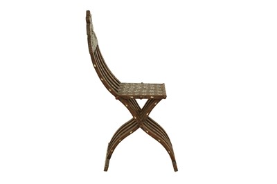 Lot 664 - λ A HARDWOOD METAL WIRE AND MOTHER-OF-PEARL-INLAID FOLDABLE CHAIR