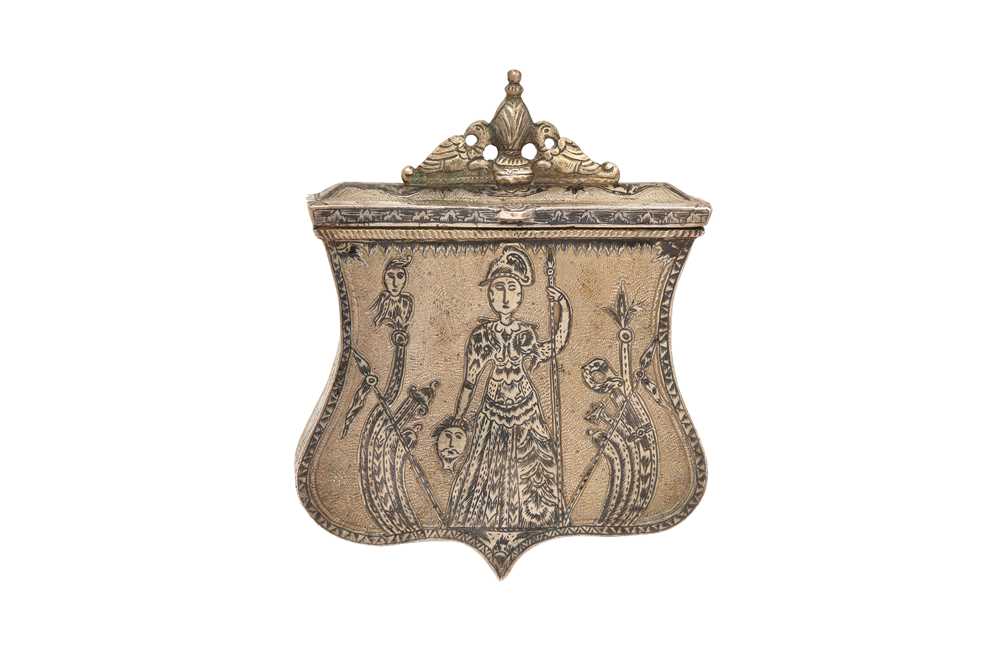 Lot 775 - A NIELLOED PARCEL-GILT GUNPOWDER CARTRIDGE CASE (PALASKA) WITH THE GREEK GODDESS ATHENA