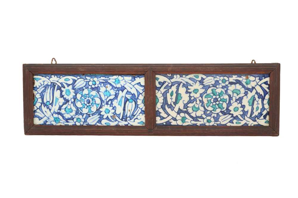 Lot 718 - TWO BLUE AND WHITE IZNIK POTTERY BORDER TILES