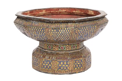 Lot 829 - A TWELVE-SIDED LACQUERED PEDESTAL BASIN (THALUM) INLAID WITH FOILED COLOURED GLASS