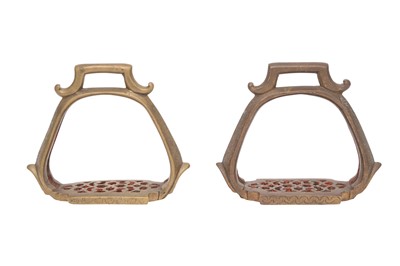 Lot 638 - A PAIR OF ENGRAVED AND ENAMELLED BRONZE STIRRUPS