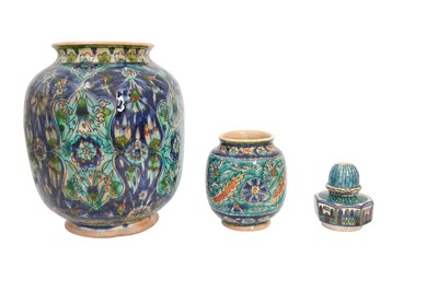 Lot 766 - TWO PALESTINIAN POTTERY VASES AND A MINIATURE 'DOME OF THE ROCK' POTTERY MODEL