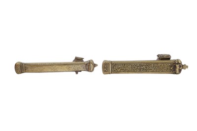 Lot 760 - TWO ENGRAVED BRASS DIVITS (PEN CASES WITH INKWELL)