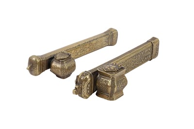 Lot 760 - TWO ENGRAVED BRASS DIVITS (PEN CASES WITH INKWELL)