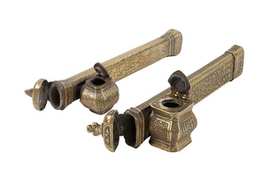 Lot 760 - TWO ENGRAVED BRASS DIVITS (PEN CASES WITH INKWELL)