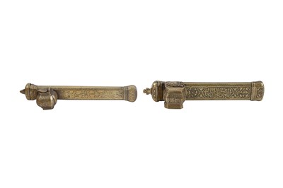 Lot 760 - TWO ENGRAVED BRASS DIVITS (PEN CASES WITH INKWELL)