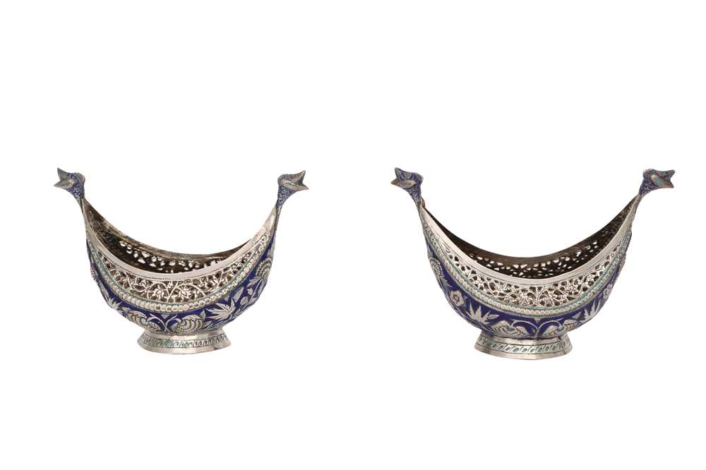 Lot 636 - A PAIR OF SILVER REPOUSSÉ AND ENAMELLED BEGGAR'S BOWLS (KASHKUL)