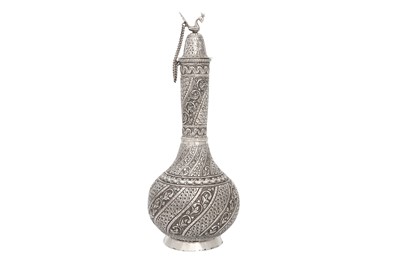 Lot 723 - A SILVER SURAHI BOTTLE WITH A PEACOCK STOPPER