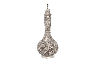 Lot 221 - A SILVER SURAHI BOTTLE WITH A PEACOCK STOPPER