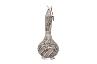 Lot 221 - A SILVER SURAHI BOTTLE WITH A PEACOCK STOPPER